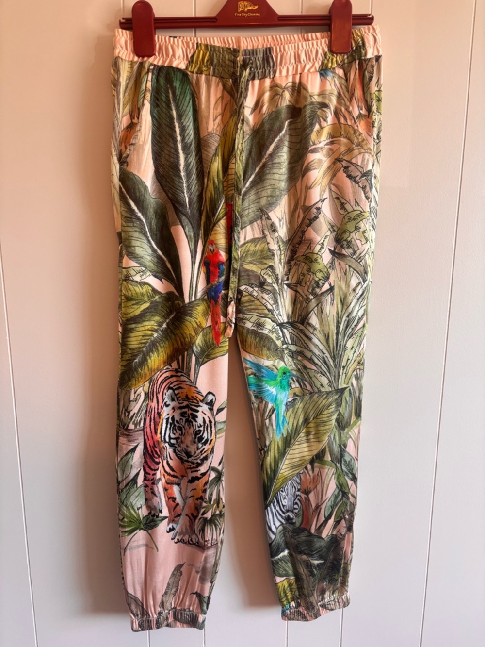Johnny Was tropical joggers with Animal Pink and Turquoise Accents